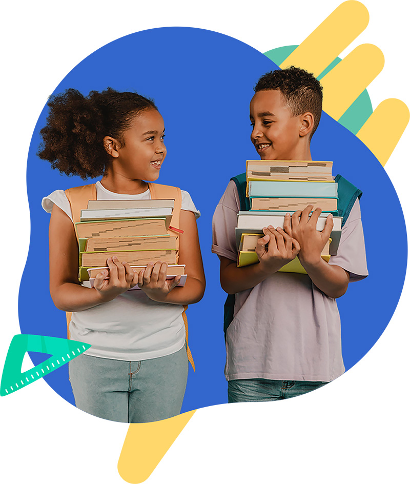 Two smiling Key Stage 2 students holding books, representing fun quizzes in maths and English for ages 7–11.