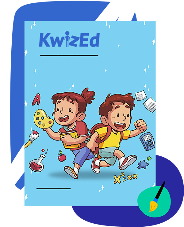 Cartoon of two happy school children running with books and school supplies—fun Key Stage 2 learning with quizzes and games.