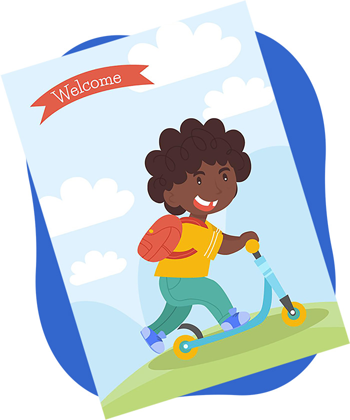 A child riding a scooter, smiling and having fun