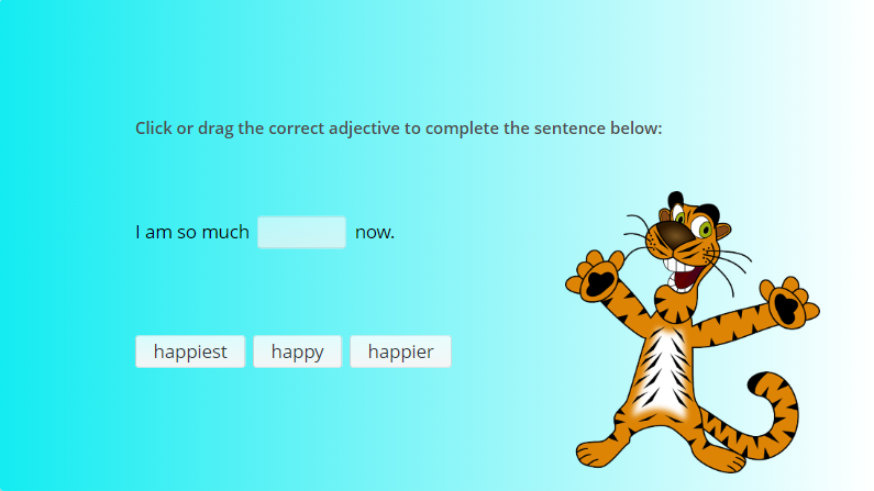 Interactive grammar quiz for children—choose the correct adjective to complete the sentence, with a cartoon tiger on screen.