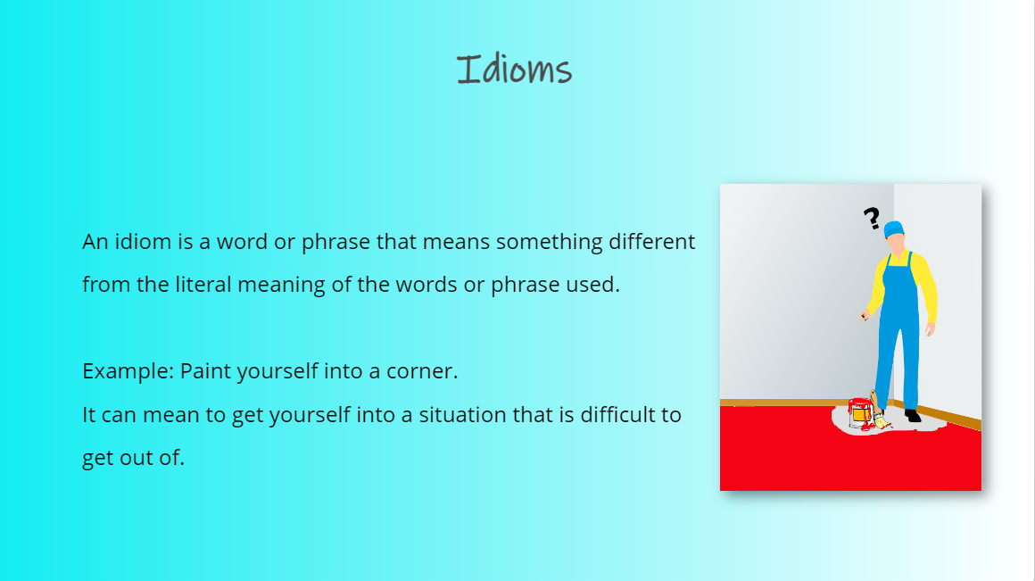 Screenshot of an Idioms Quiz explaining 'Paint yourself into a corner' with an illustration of a painter trapped in a red corner.