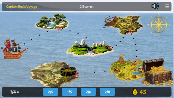 fun game for equivalent fractions with pirate treasure hunt