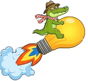 alligator character riding a lightbulb with rocket flames