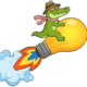 alligator character riding a lightbulb with rocket flames