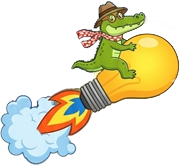 alligator character riding a lightbulb with rocket flames