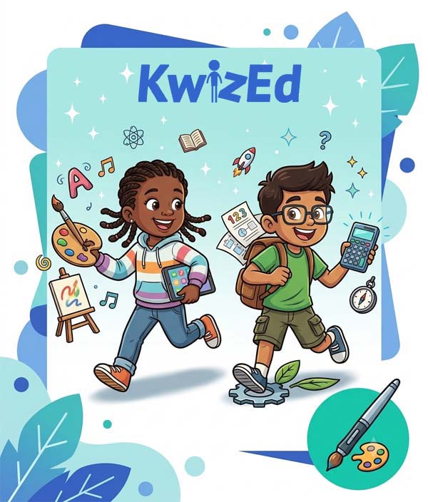 Cartoon of two happy school children running with books and school supplies—fun Key Stage 2 learning with quizzes and games.