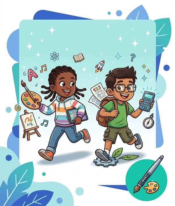 Cartoon of two happy school children running with books and school supplies—fun Key Stage 2 learning with quizzes and games.